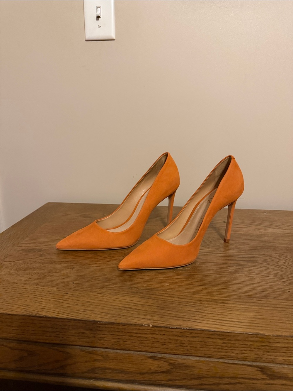 SCHUTZ Orange Suede Pointed-Toe Stiletto Pumps